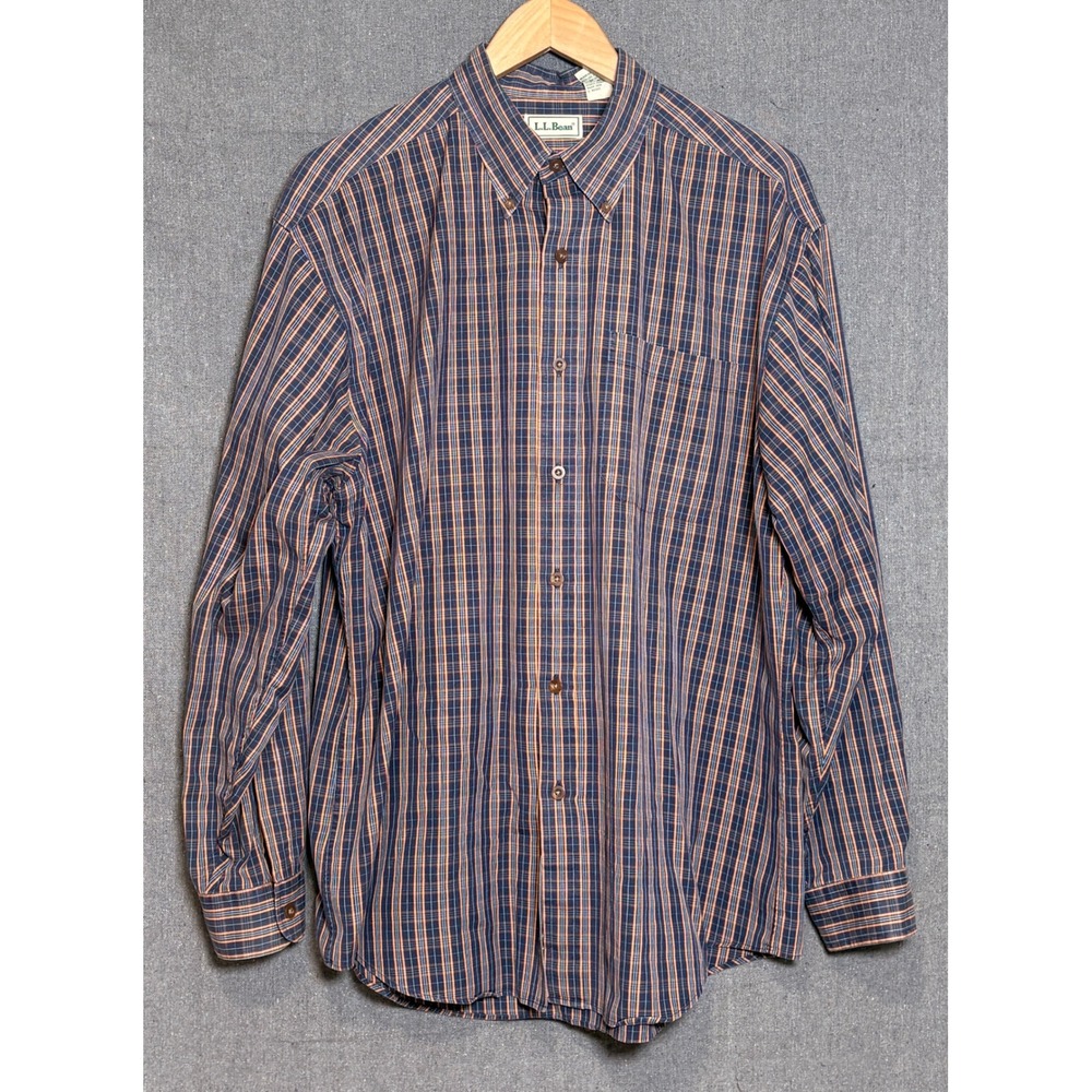 Vintage LL Bean Mens Large Hong Kong Plaid Button Down Shirt Blue Orange